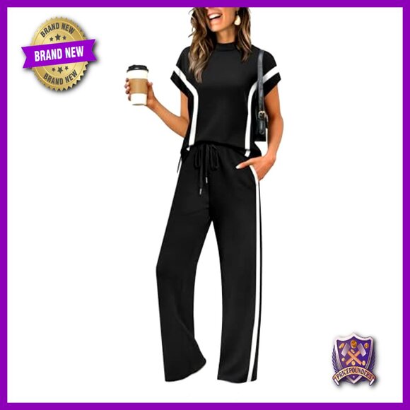 Women's Side Slit Lounge Set Wide Leg Tracksuit Mock Neck 2 Piece S-3XL - Picture 2 of 7